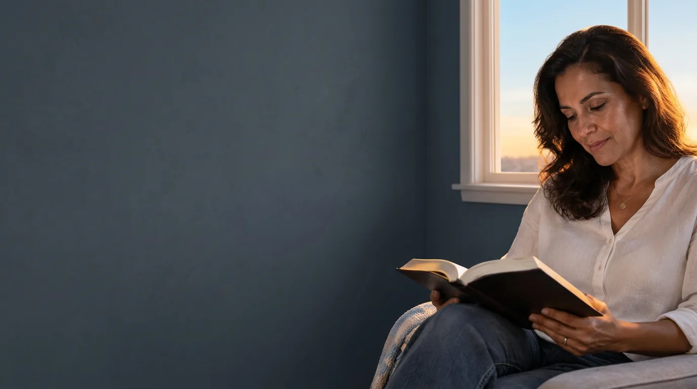 Mulher lendo um livro devocional junto à janela ao amanhecer