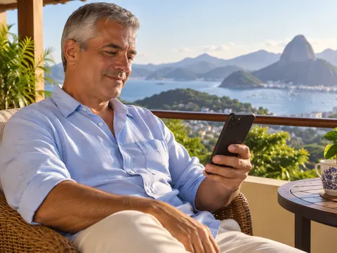 Homem lendo os Salmos no celular em uma varanda com vista para o mar