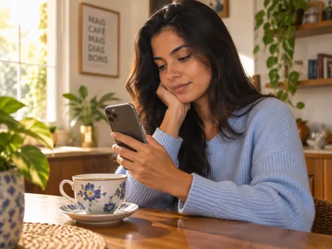 Mulher lendo os Salmos no celular à mesa, com uma xícara de café