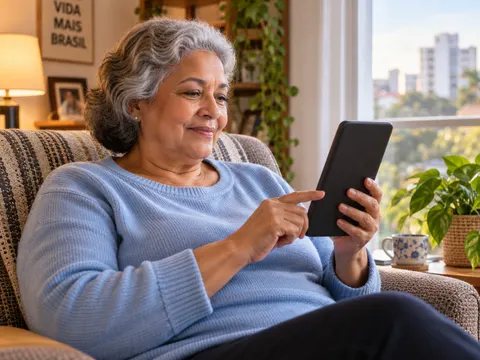 Mulher sorrindo enquanto lê os Salmos no celular, na poltrona de casa